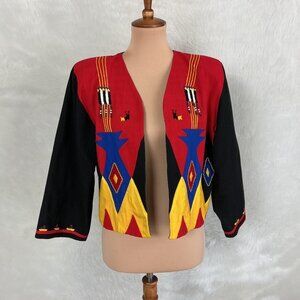 Vintage 80s Southwestern Red  Black Yellow Blue Beaded Embroidered Jacket S